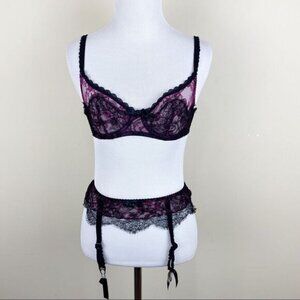 Agent Provocateur Purple Black Bra Garter Set 32B